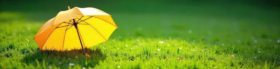 A brightly colored umbrella rests on a grassy lawn, slightly tilted, suggesting a relaxed, carefree atmosphere Perfect for summer, vacation, or relaxation themes , idyllic, umbrella