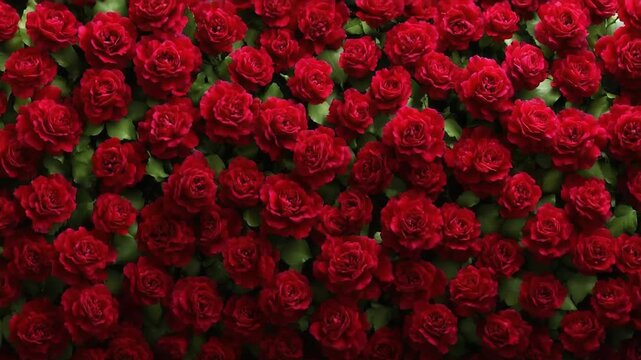 A dense bed of red roses with green leaves.