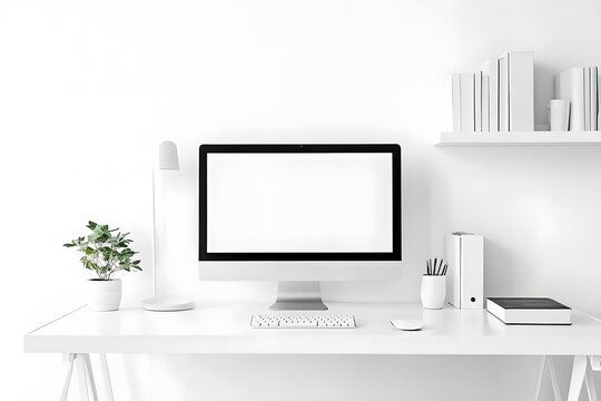 ultra-clean desk with all-white accessories and monitor, floating shelves on blank wall
