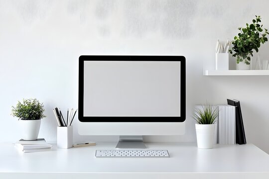 ultra-clean desk with all-white accessories and monitor, floating shelves on blank wall
 - Powered by Adobe