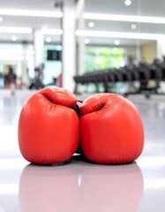Red boxing gloves on gym floor