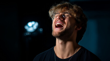 Dramatic solo shot of a friend singing mid-note with eyes closed, conveying passion and musical intensity.
