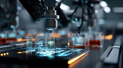 Robotic arm manipulates transparent cubes containing bio-structures on a futuristic lab surface