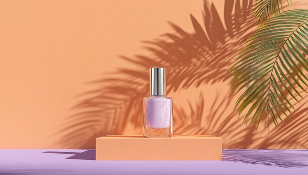 Pink nail polish bottle on peach podium, palm shadow