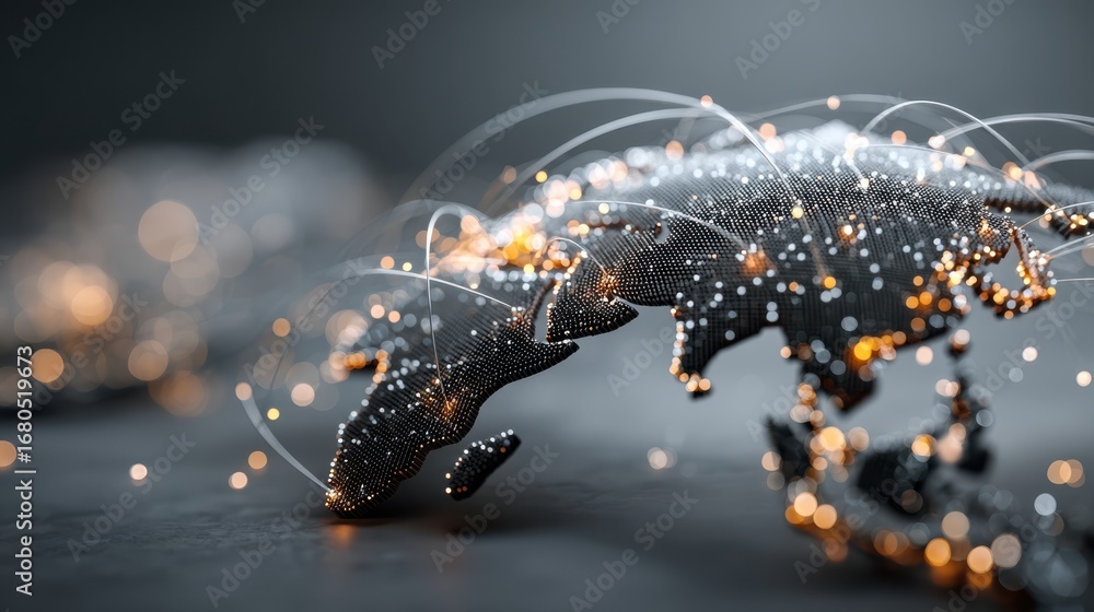 Poster a digital representation of a world map with glowing connections, symbolizing global networking and 