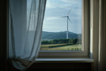 Obraz premium Wind Turbine Seen Through Private Home Window — Domestic Renewables View