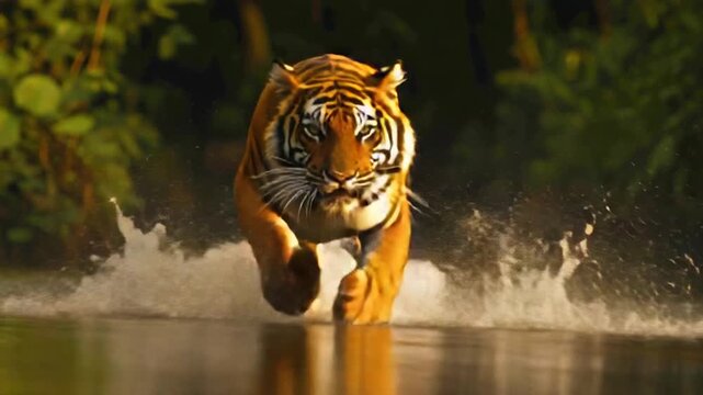 A tiger runs towards the viewer through water, creating a splash with forest background