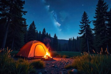 A crackling campfire under a starlit summer sky, illuminating a tent pitched amidst a tranquil forest Perfect for camping, outdoor, nature, adventure themes , adventure, scenic