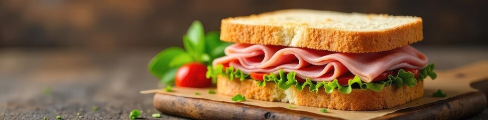 A delicious ham sandwich, perfect for lunch or a quick snack  The juicy ham is layered between slices of fresh bread, creating a simple yet satisfying meal ,  cuisine,  bread