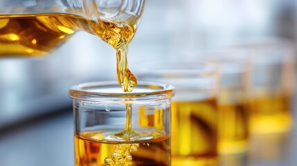 Amber liquid pours from glass container into beaker