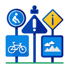 Bicycle route signs and clock with directional arrows