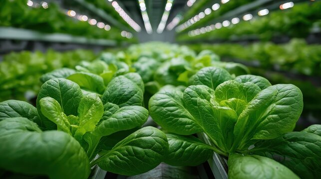 A vibrant display of leafy greens thriving under bright lights in a modern indoor farming setup. - Powered by Adobe