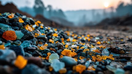 Obraz premium A close-up view of colorful glass fragments scattered on a rocky surface, illuminated by soft sunlight, creating a striking contrast with the earthy tones around.