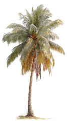 Isolated palm tree, light beige-brown trunk, muted green-gray fronds