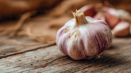 Close up of fresh head of garlic on rustic wooden table, organic food ingredient for cooking and healthy lifestyle