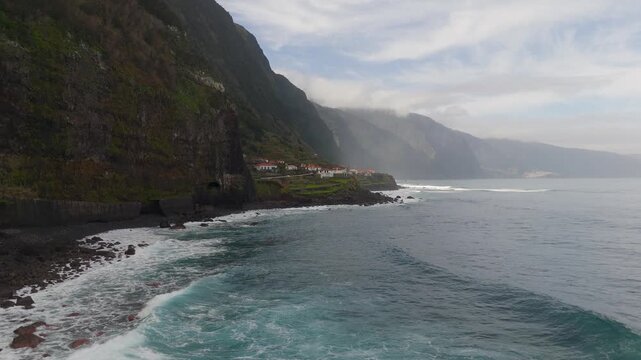 Aerial Drone Low Pass Over Dramatic Coastal Cliffs Near Miradouro das Quebradas, North Coast, Madeira Island, Portugal