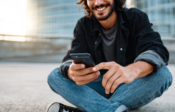Close-up of a man seated on pavement, using a phone