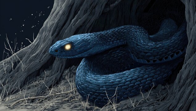 A deep blue snake coils within a shadowy tree root - Powered by Adobe
