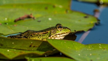 Green frog partially submerged on lily pads in calm water