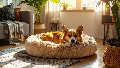A corgi dog in a plush bed, bathed in sunlight in a cozy living room