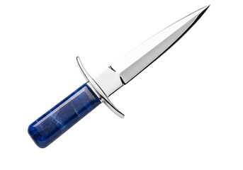 A polished metal dagger with a striking blue gemstone handle is highlighted against a black background.