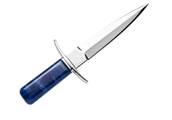 A polished metal dagger with a striking blue gemstone handle is highlighted against a black background.