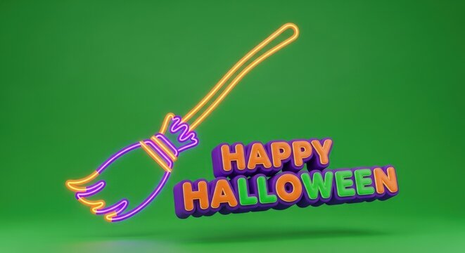 Whimsical Halloween broom with glowing neon lights and festive Happy Halloween message