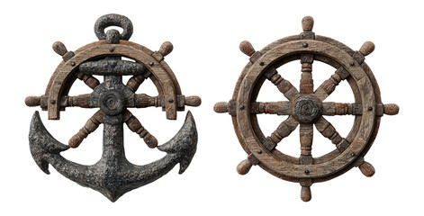 Obraz premium Detailed Anchor and Ship Wheel Clipart on Transparent Background