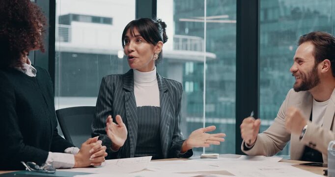 Laughing, people and planning with documents, boardroom or happy for property development or project. Business, real estate developer and paperwork for research, excited and funding potential