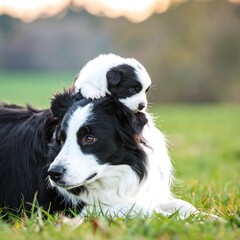 A loving border collie mother gently cradles her tiny puppy on her head, showcasing a heartwarming moment of animal affection in a grassy outdoor setting.