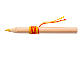 A wooden colored pencil displays a vibrant yellow tip and a wrapped, tied,  red and yellow decorative cord.