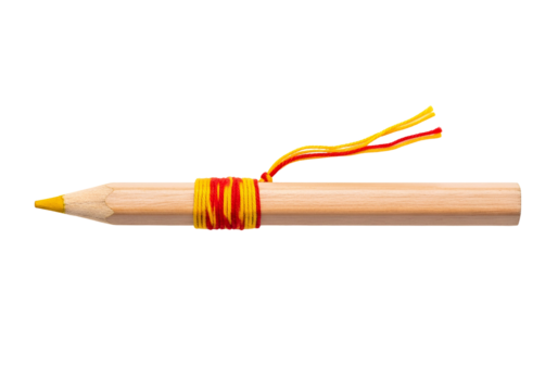 A wooden colored pencil displays a vibrant yellow tip and a wrapped, tied, red and yellow decorative cord.