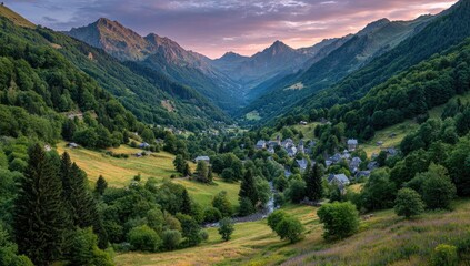 Mountain valley village at dawn