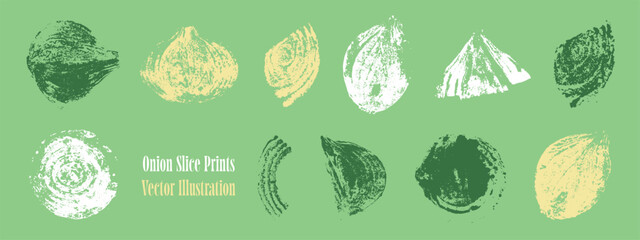 Abstract vector onion slice prints with rough handmade texture. Unique vegetable rings for food design, organic branding, wrapping paper, and culinary backgrounds.