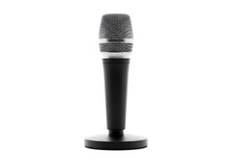 A stationary microphone, black and silver in color, is featured against a solid black background.