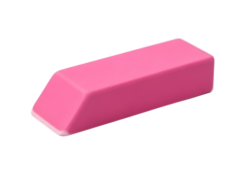 A vibrant, rectangular pink eraser, angled and positioned against a plain black backdrop, displays a simple geometric design.