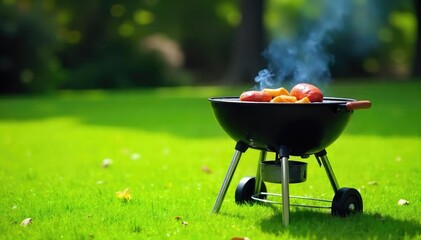 A classic coal barbecue grill, ready for grilling The black grill sits on a grassy lawn, with grilling tools nearby Perfect for summer cookouts and backyard gatherings , spatula, cooking