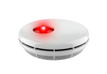 A modern, white smoke alarm, displaying a vibrant red alert light, is prominently featured against a black background.