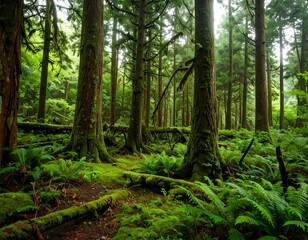 Obraz premium Lush green forest floor teeming with ferns and moss, bathed in soft light, showcasing towering trees.