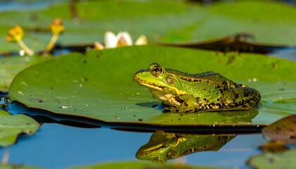Green frog rests on a large lily pad in calm water, its reflection visible