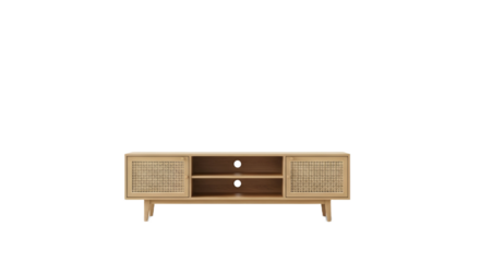 Wooden TV Stand with Rattan Doors Isolated on Transparent Background