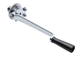 A metallic hand crank mechanism, featuring a gear assembly and a long handle, is highlighted against a black backdrop.