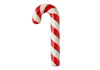 A candy cane with vibrant red and white stripes is presented against a pure black backdrop.