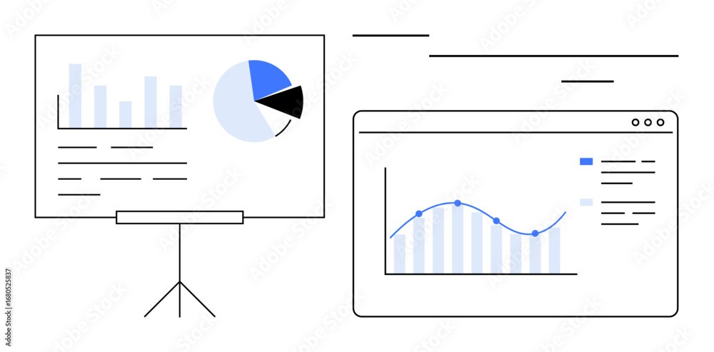 Poster presentation board with bar graph and pie chart, alongside a browser window showing a line graph. id