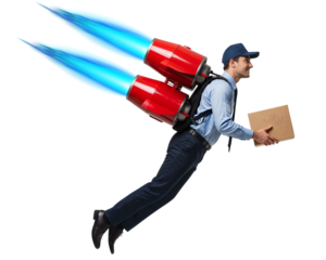 A delivery man carrying a box flies with tow small rockets