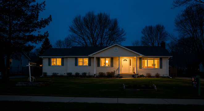 A house with a subtle glow emanating from within its windows