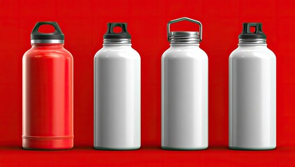 Four insulated water bottles, red and white, against a red background