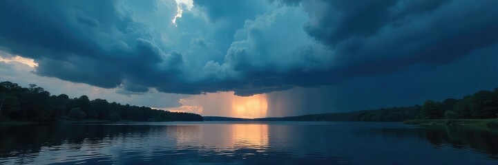 Dramatic Stormy Sky over Serene Lake Ominous Clouds and Majestic Lighting Create Powerful Contrast