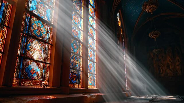 Colorful stained glass windows illuminating space