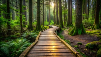 Obraz premium Wooden boardwalk winding through a sunlit forest
